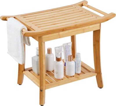 Vevor Shower Bench Bamboo Bathroom Stool with Storage Shelf New