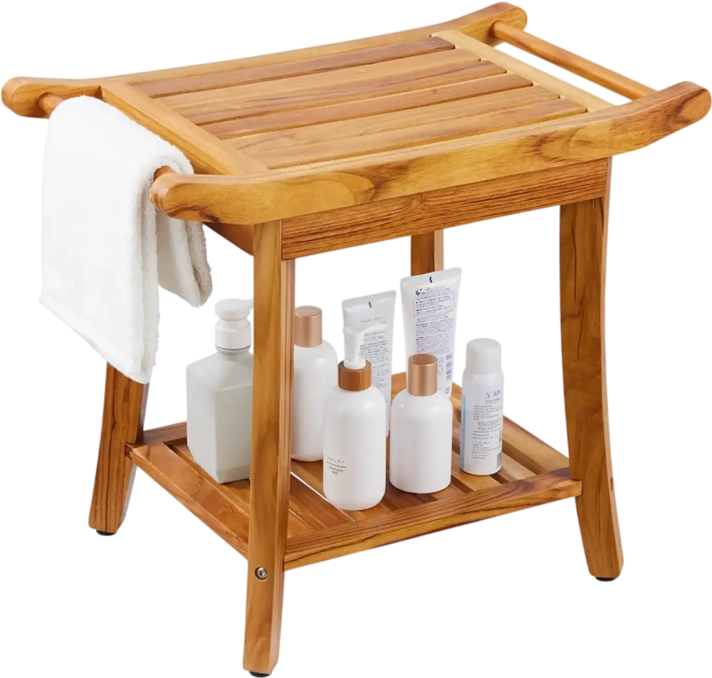 VEVOR Teak Shower Bench, 22 x 14.4 x 18.5 in, Waterproof Wood Shower Stool with Storage Shelf Handle Non-Slip Feet, 300 lbs Maximum Load Capacity Shower Chair Seat, for Bathroom Indoor and Outdoor Use