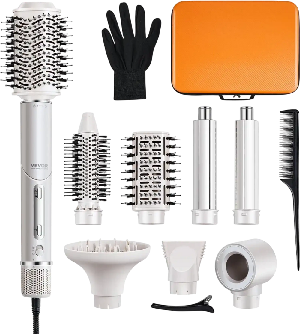 VEVOR Hair Styler Dryer Brush, 7-in-1 Professional Multi Styler, 110,000RPM High-Speed Hot Air Styler with Brushless Motor, 2 Auto-Wrap Curler, 3 Brushes & 3 Nozzle, 90° Folding Design for Fast Drying