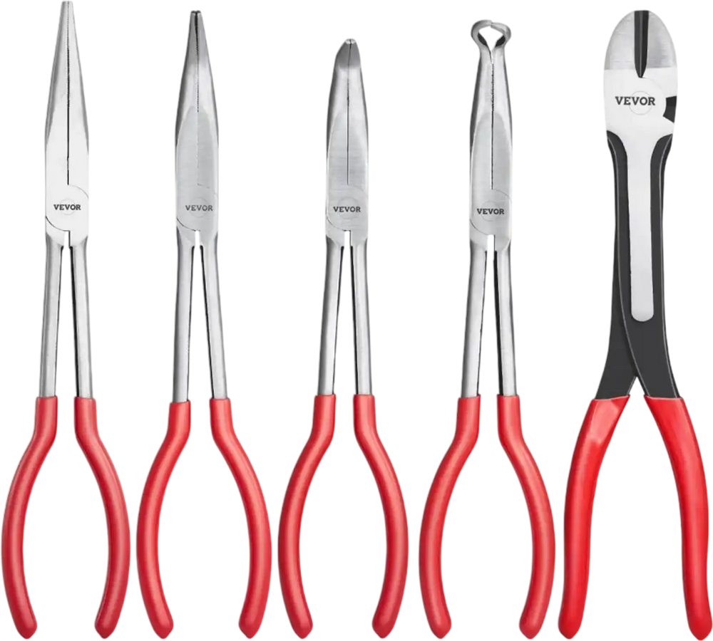 VEVOR 5-Piece Needle Nose Pliers, 11 in Long Needle Nose Pliers Set, Diagonal Cutting Pliers, 45°/ 90° Bent Nose Plier, Round Nose Plier, Long Nose Plier, Professional Pliers Set with Storage Bag