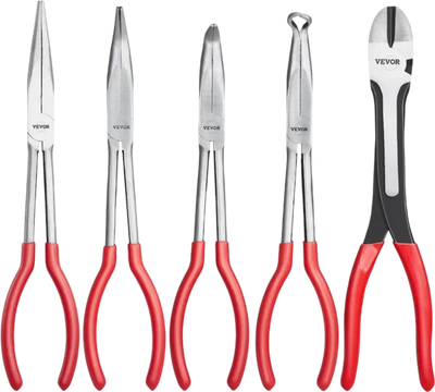 VEVOR 5-Piece Needle Nose Pliers, 11 in Long Needle Nose Pliers Set, Diagonal Cutting Pliers, 45°/ 90° Bent Nose Plier, Round Nose Plier, Long Nose Plier, Professional Pliers Set with Storage Bag