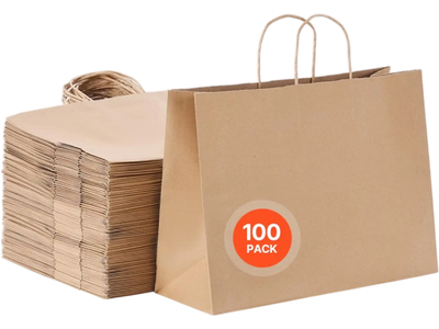 Vevor Paper Bags Kraft Grocery Bags with Handles 100 Pack 16 x 6 x 12