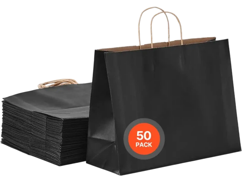 VEVOR Kraft Paper Bags with Handles, 50Pcs 16 x 6 x 12 in, Large Paper Grocery Bags, Reusable & Recycled Take-Out Sacks, Plain Party Bag Bulk for Birthday, Wedding, Business, Goody, Black