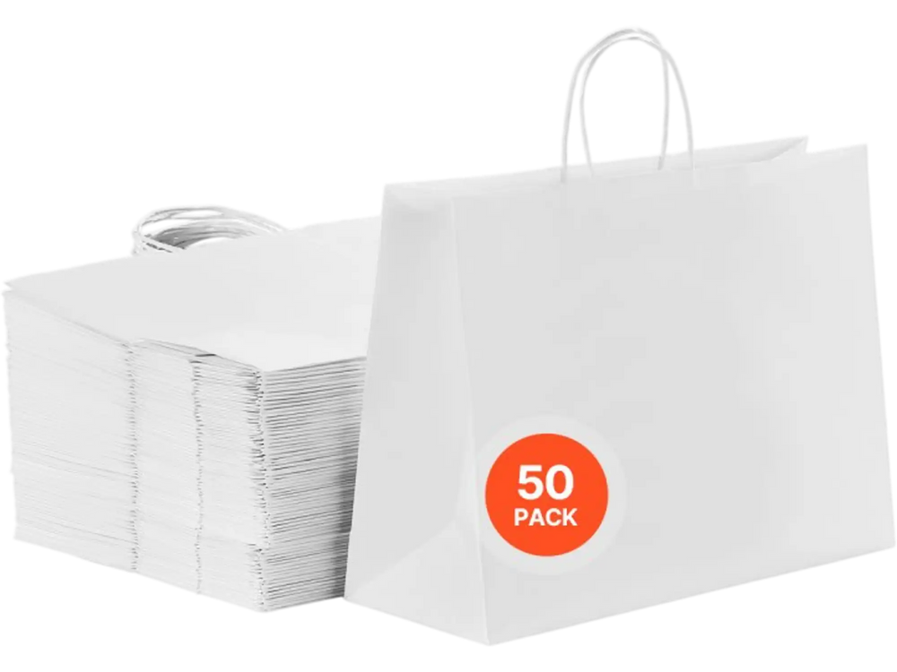 VEVOR Kraft Paper Bags with Handles, 50Pcs 16 x 6 x 12 in, Large Paper Grocery Bags, Reusable & Recycled Take-Out Sacks, Plain Party Bag Bulk for Birthday, Wedding, Business, Goody, White