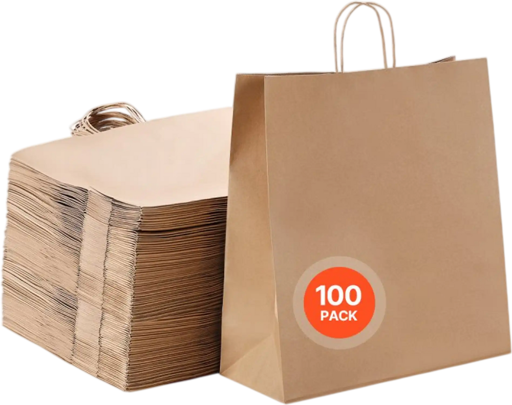 VEVOR Kraft Paper Bags with Handles, 100Pcs 18 x 7 x 19 in, Large Paper Grocery Bags, Reusable & 100% Recycled Take-Out Sacks, Plain Party Bag Bulk for Birthday, Wedding, Business, Goody, Brown