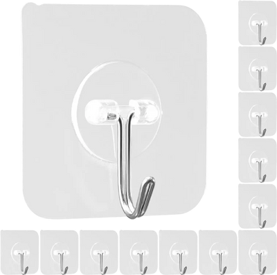 VEVOR Adhesive Hooks, 12 Pack Self-Adhesive Towel Coat Hooks, Heavy-Duty Wall Hook Hold 15 lbs (Max), Stainless Steel Sticky Hanger, for Bathroom, Kitchen, Hanging Towel, Coat & Keys (Transparent)