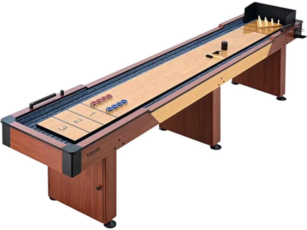 VEVOR 12 ft Shuffleboard Table, 2 in 1 Shuffleboard and Bowling Combo Set, Shuffle Board with Rustic Wood Finish, Scratch-Resistant Playfield, 8 Pucks, Bowling Set, Wax, Brush, for Family Game Room