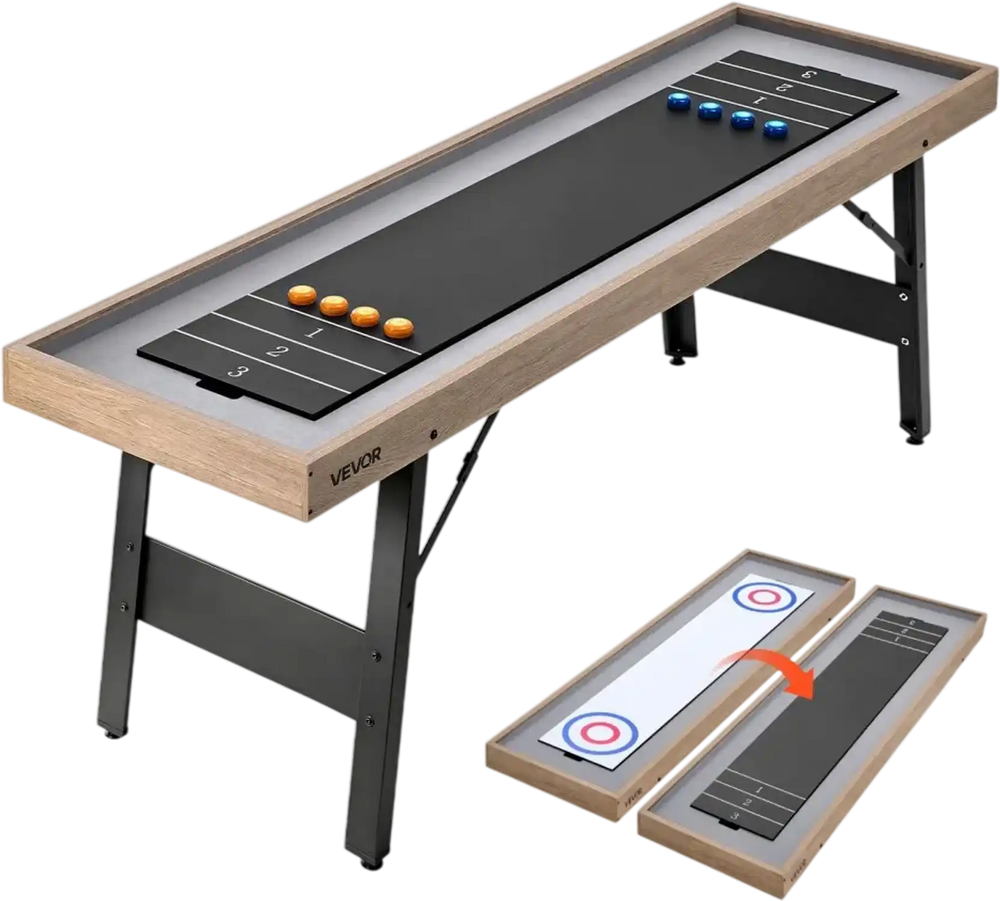 VEVOR 7 ft Shuffleboard Table, 2 in 1 Shuffleboard and Tabletop Curling Combo Game, Compact Shuffle Board with Smooth Surface, Folding Legs, 8 Pucks, Easy to Disassemble and Move, for Family Game Room
