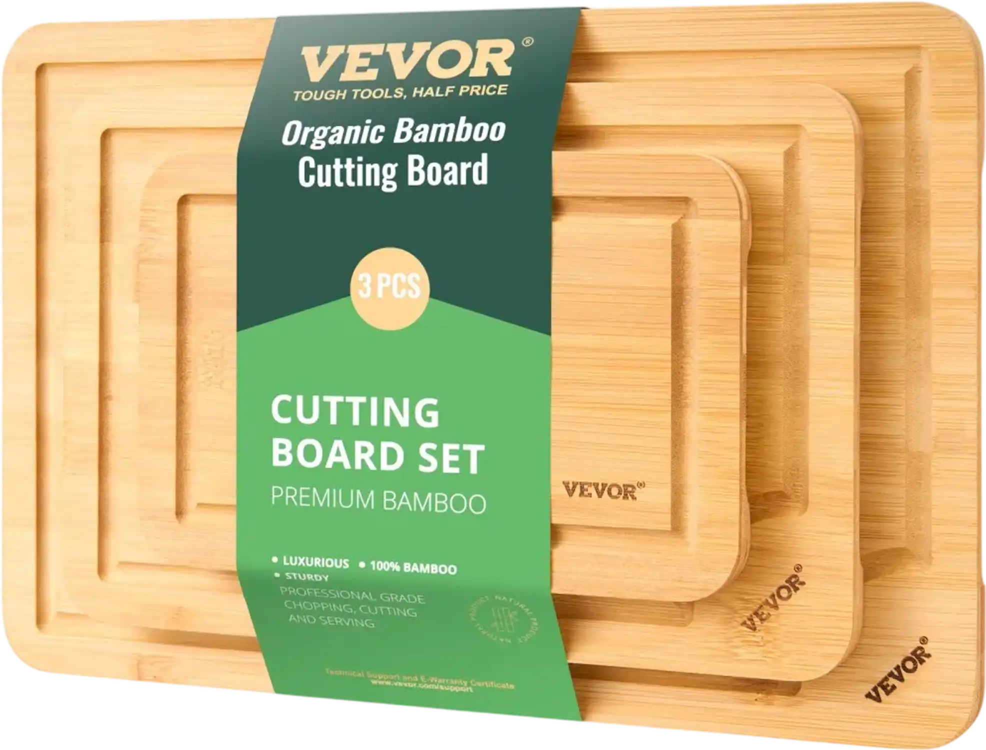 Vevor Cutting Board 3-Piece Bamboo Set with Juice Groove and Built-In Handles New