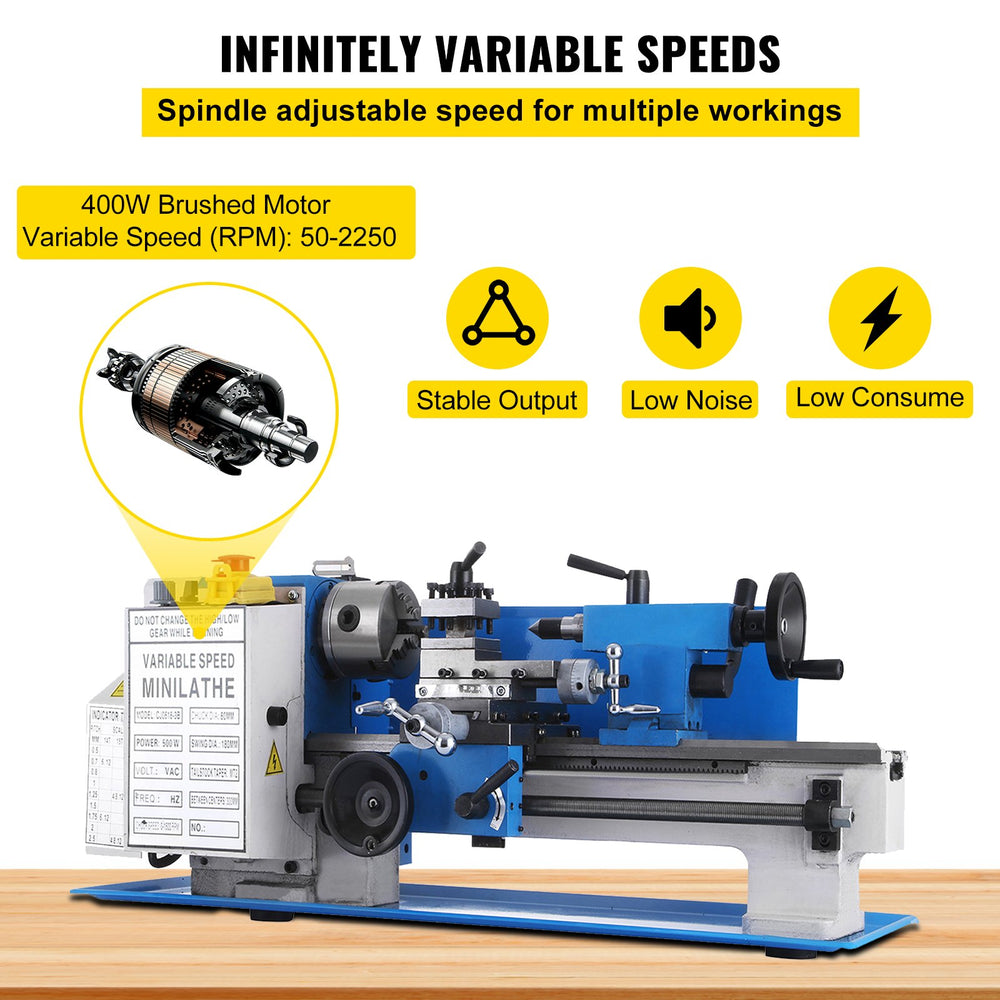 Vevor Mini Metal Lathe 7" x 12" Variable Speed 2250 RPM 400W New
