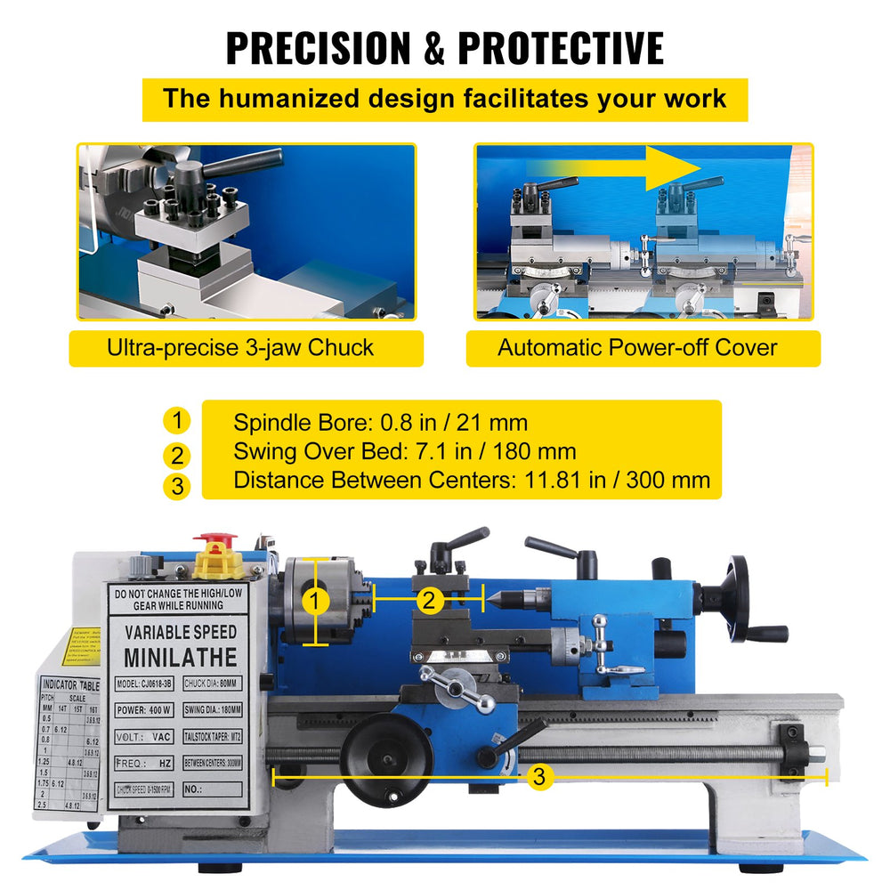 Vevor Mini Metal Lathe 7" x 12" Variable Speed 2250 RPM 400W New