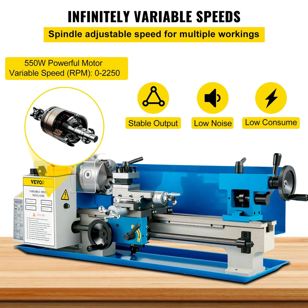 Vevor Metal Lathe 7" x 14" Variable Speed 0-2250 RPM with 4" 3-Jaw Chuck New