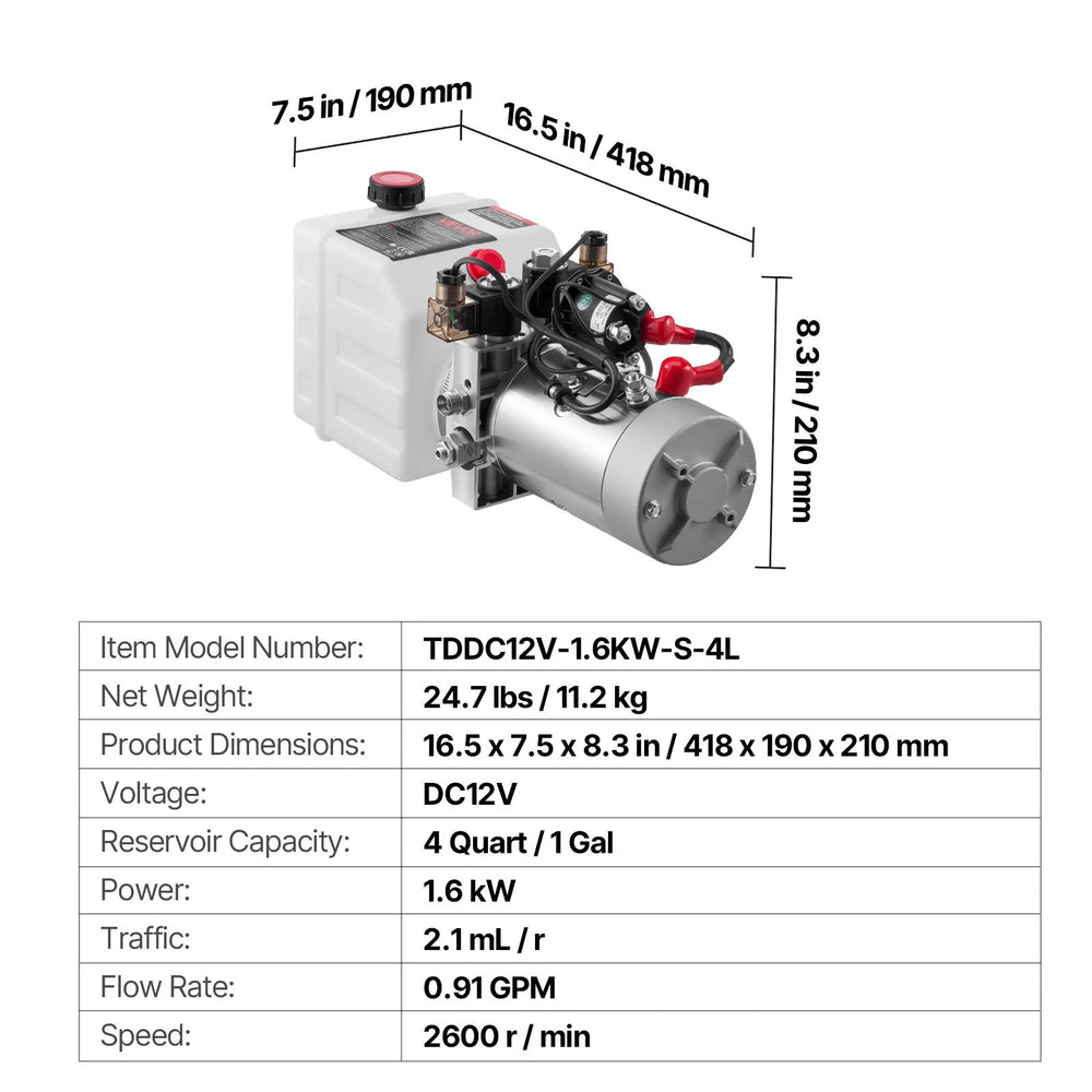 Vevor Hydraulic Power Unit 4 QT Double-Acting DC 12V 3200 PSI New