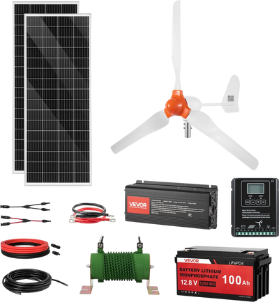 Vevor Solar Wind Power Kit 600W 12V with 2 Panels Wind Turbine Battery Inverter MPPT Controller New