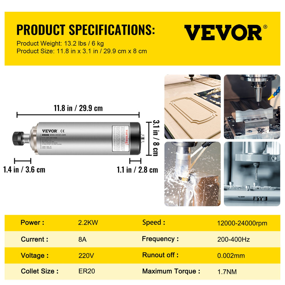 Vevor Spindle Motor Air Cooled with ER20 Collet for CNC Router 2.2kW 24000 RPM 220V New