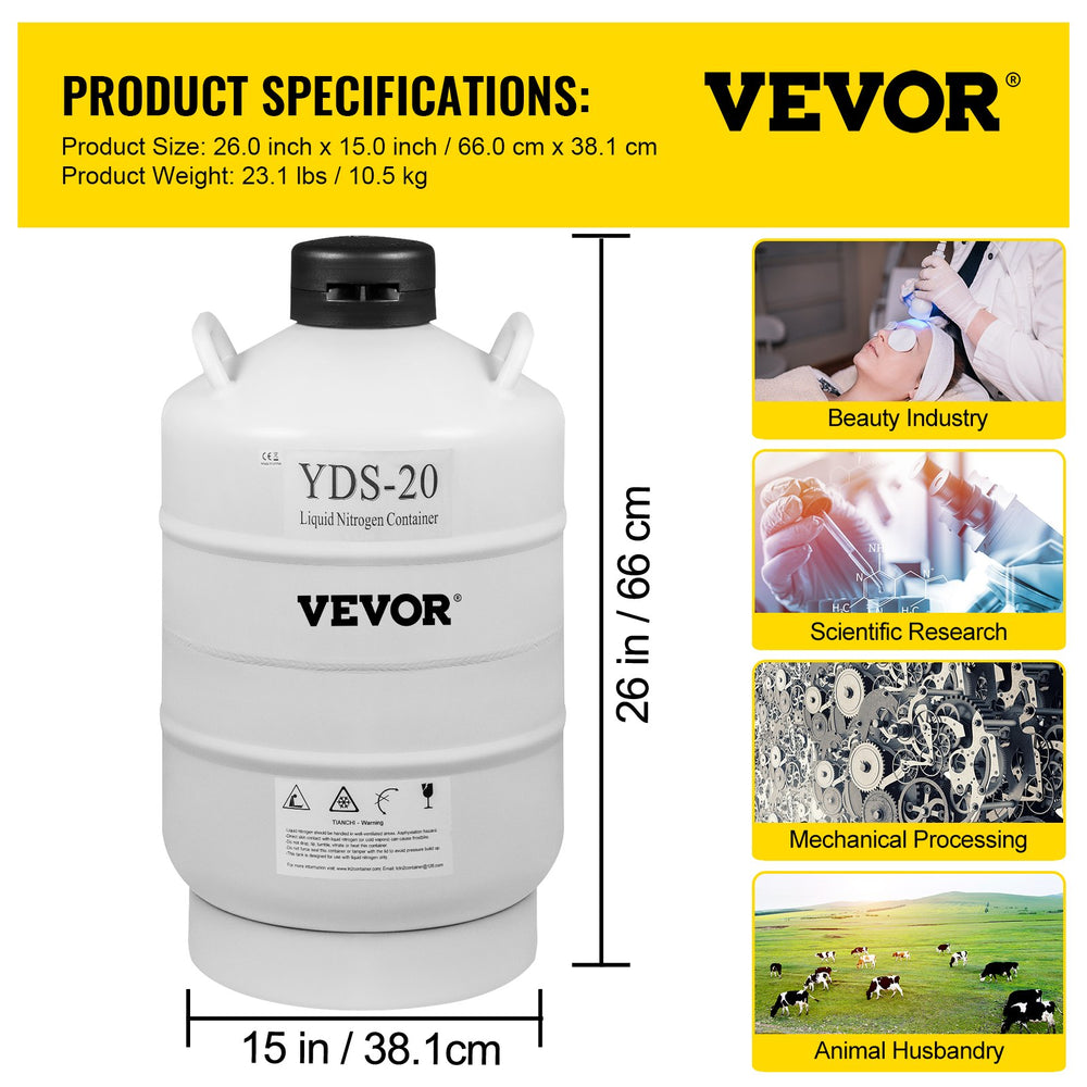 Vevor Liquid Nitrogen Tank 20L Aluminum Alloy Cryogenic Container with 6 Canisters & Carry Bag New