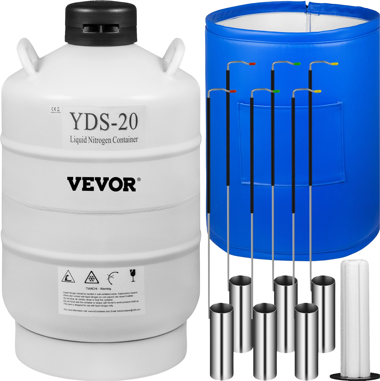 Vevor Liquid Nitrogen Tank 20L Aluminum Alloy Cryogenic Container with 6 Canisters & Carry Bag New