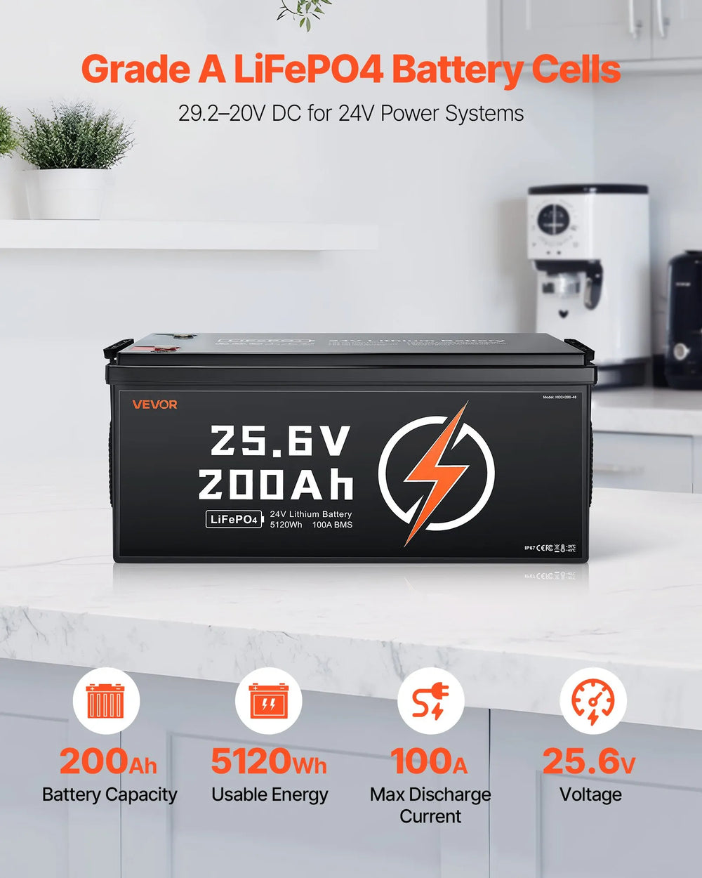 Vevor LiFePO4 Lithium Battery 24V 200Ah 5120Wh with Built-in 100A BMS New