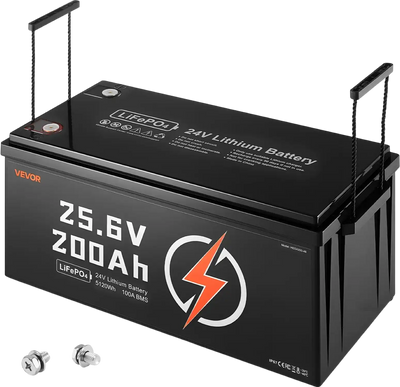 Vevor LiFePO4 Lithium Battery 24V 200Ah 5120Wh with Built-in 100A BMS New