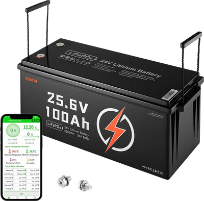 Vevor LiFePO4 Lithium Battery 24V 100Ah Built-in 50A BMS 2560Wh Bluetooth New