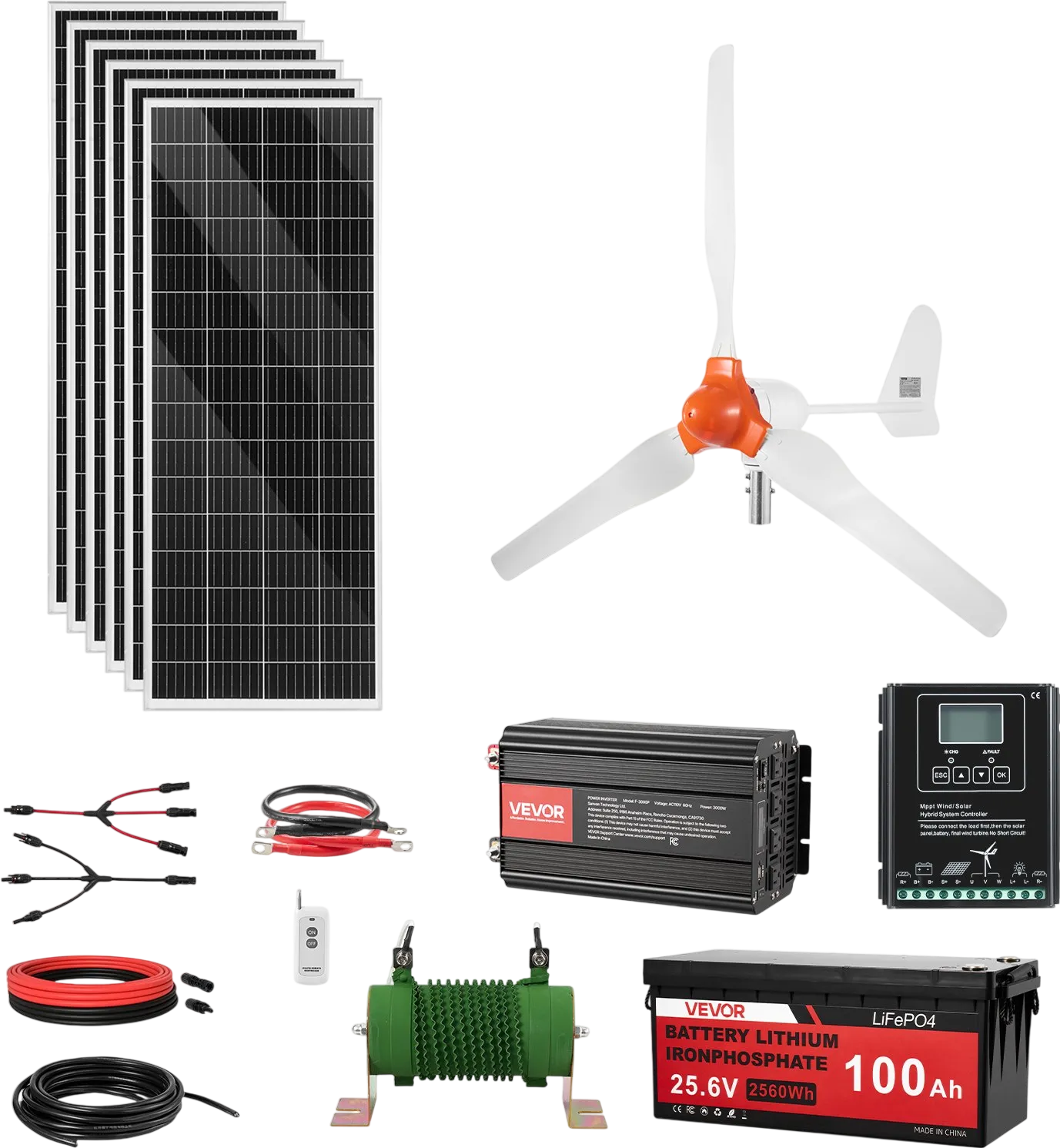 Vevor Solar Wind Power Kit 24V 1000W with 6 Panels 400W Turbine Battery Inverter MPPT Controller New