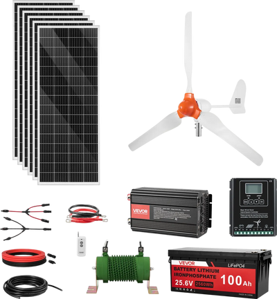Vevor Solar Wind Power Kit 24V 1000W with 6 Panels 400W Turbine Battery Inverter MPPT Controller New