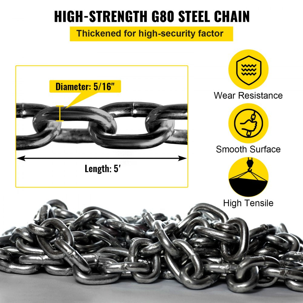 VEVOR Chain Sling, 5/16 inch x 5 ft Lifting Chains with Hooks, G80 Engine Chain Hoist Lifts, 11000 lbs/5 Ton Capacity Lifting Sling Chains for Engine Hoist, Engine Lift Chain with 4 Leg Grab Hooks
