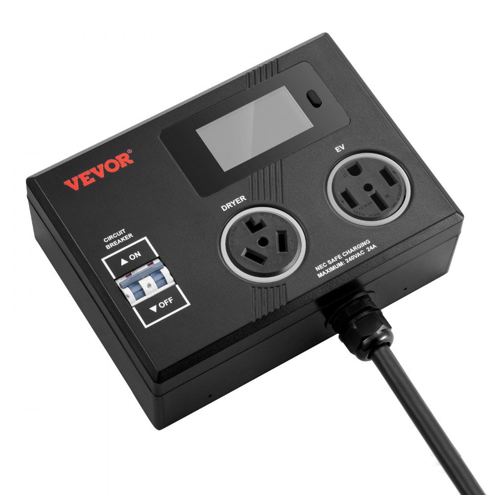 VEVOR NEMA Splitter for Dryer and EV, 3-Color LED Indicator, 240V Smart Power Distribution, With NEMA 10-30 Plug, NEMA 10-30 & NEMA 14-50 Outlets, Large 3.4-Inch LCD Screen, for Max 24A Dryer or EV