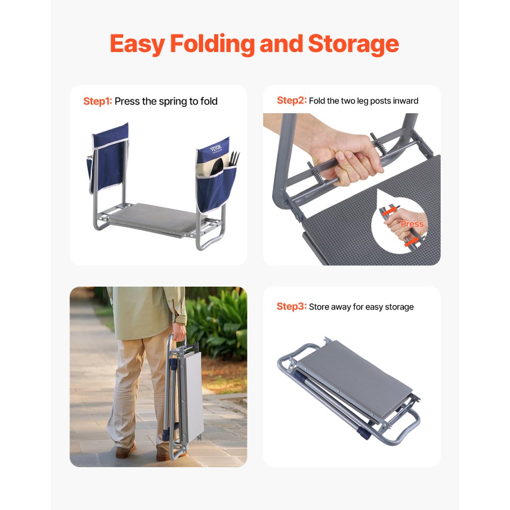 VEVOR Garden Kneeler and Seat, 11 in Wide Kneeling Pad, Heavy Duty Garden Kneeling Stool, Folding Garden Seat with 2 Tool Bags, Relieve Knee & Back Pain, Non-Slip Garden Bench for Women Grandparents