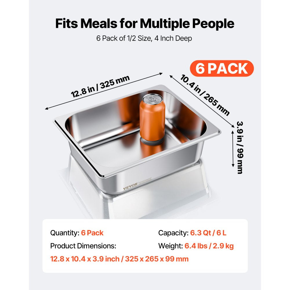 VEVOR 6 Pack Stainless Steam Hotel Pans, 1/2 Size Table Steam Pan, 4 Inch Deep Anti Jam Restaurant Supplies Reusable Rustproof Catering Storage for Home, Party, Restaurant, Hotel, Buffet