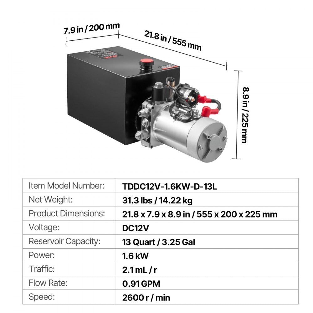 VEVOR 13 Quart Hydraulic Power Unit, Single Acting Dump Trailer Pump, 3200 PSI Max Relief Pressure & 0.91 GPM Flow Rate, DC 12V Hydraulic Pump with Metal Reservoir for Dump Trailer Car Lifting