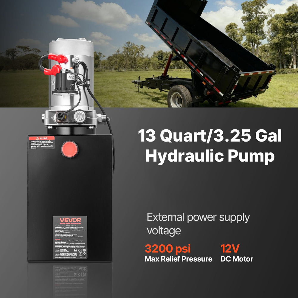 VEVOR 13 Quart Hydraulic Power Unit, Single Acting Dump Trailer Pump, 3200 PSI Max Relief Pressure & 0.91 GPM Flow Rate, DC 12V Hydraulic Pump with Metal Reservoir for Dump Trailer Car Lifting