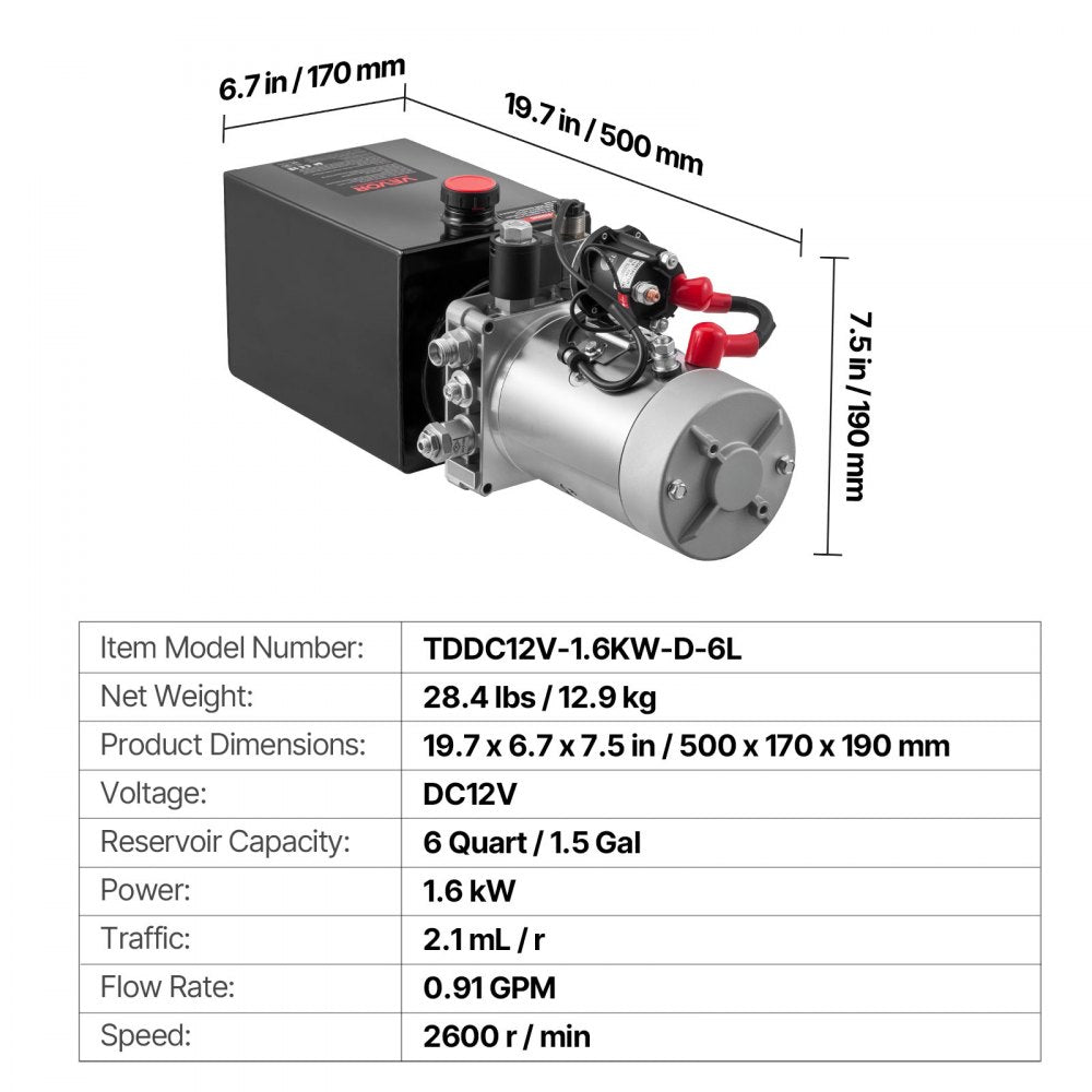VEVOR 6 Quart Hydraulic Power Unit, Single Acting Dump Trailer Pump, 3200 PSI Max Relief Pressure & 0.91 GPM Flow Rate, DC 12V Hydraulic Pump with Metal Reservoir for Dump Trailer Car Lifting, Black