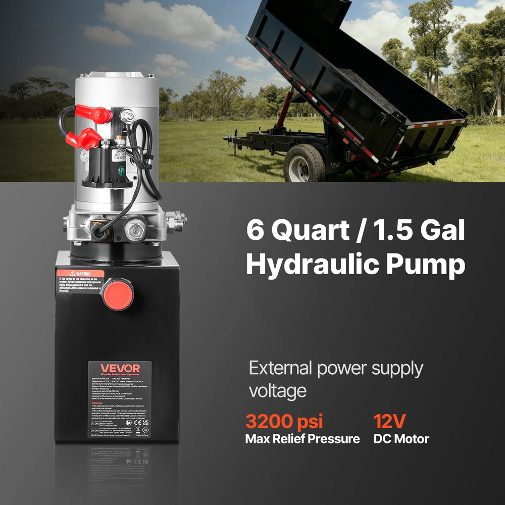 VEVOR 6 Quart Hydraulic Power Unit, Single Acting Dump Trailer Pump, 3200 PSI Max Relief Pressure & 0.91 GPM Flow Rate, DC 12V Hydraulic Pump with Metal Reservoir for Dump Trailer Car Lifting, Black