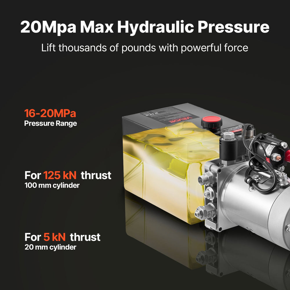 VEVOR 6 Quart Hydraulic Power Unit, Single Acting Dump Trailer Pump, 3200 PSI Max Relief Pressure & 0.91 GPM Flow Rate, DC 12V Hydraulic Pump with Metal Reservoir for Dump Trailer Car Lifting, Black