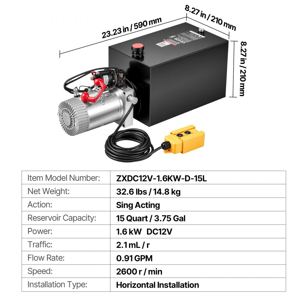 VEVOR 15 Quart Hydraulic Pump, Single Acting Dump Trailer Pump, 3200PSI Max Relief Pressure, 0.91 GPM Flow Rate, DC12V 1.6KW Hydraulic Power Unit for Dump Trailer Car Lifting (Horizontal Installation)