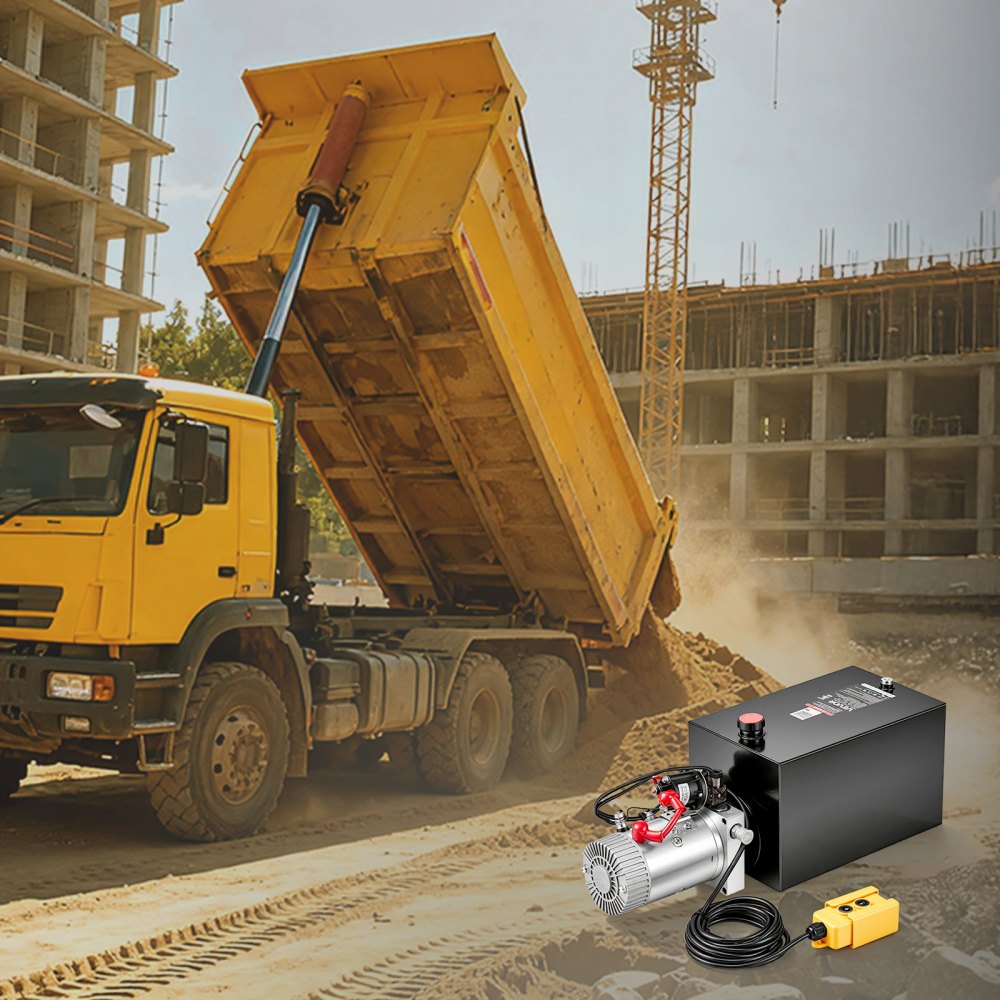 VEVOR 15 Quart Hydraulic Pump, Single Acting Dump Trailer Pump, 3200PSI Max Relief Pressure, 0.91 GPM Flow Rate, DC12V 1.6KW Hydraulic Power Unit for Dump Trailer Car Lifting (Horizontal Installation)