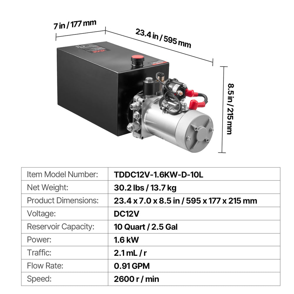 VEVOR 10 Quart Hydraulic Power Unit, Single Acting Dump Trailer Pump, 3200 PSI Max Relief Pressure & 0.91 GPM Flow Rate, DC 12V Hydraulic Pump with Metal Reservoir for Dump Trailer Car Lifting