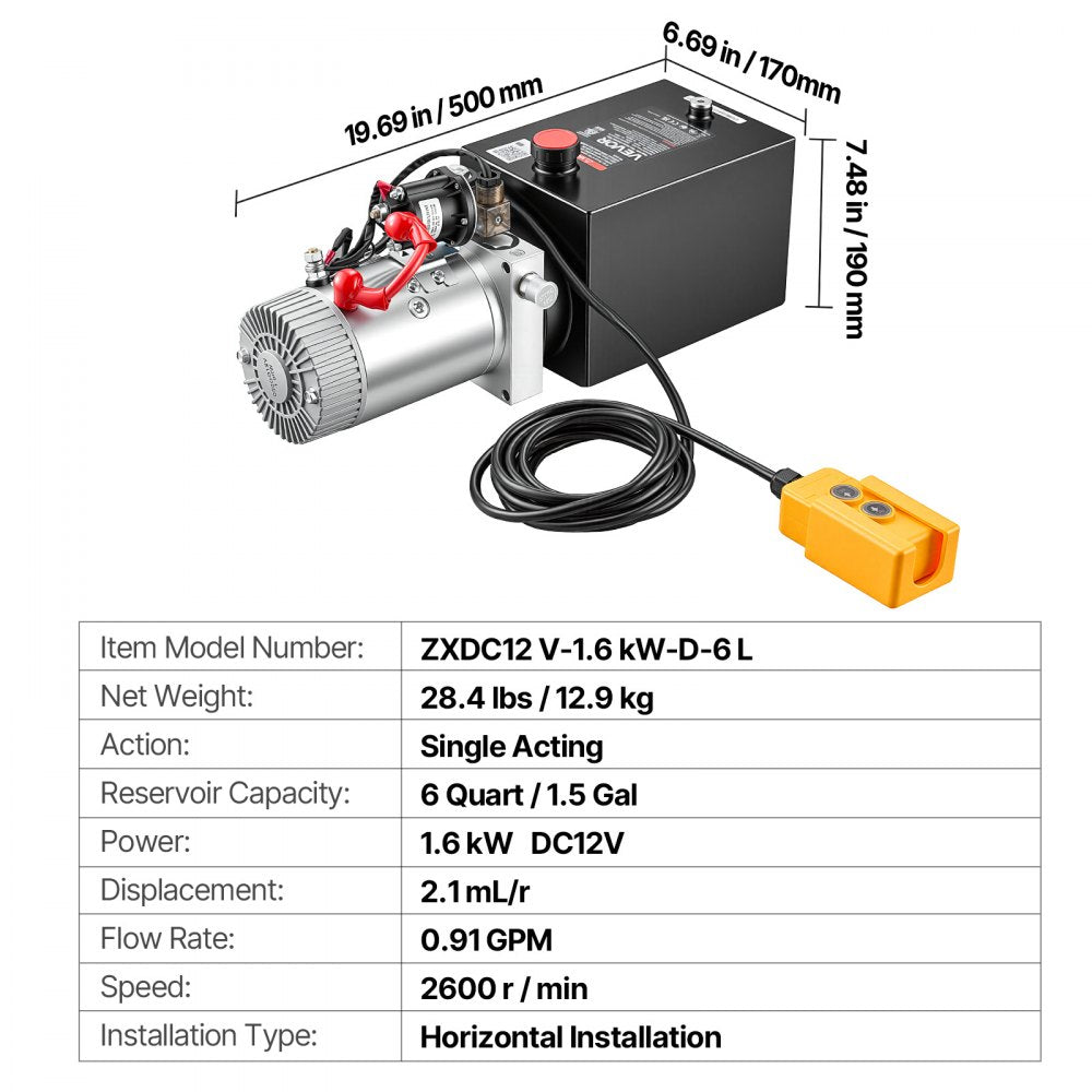 VEVOR 6 Quart Hydraulic Pump, Single Acting Dump Trailer Pump, 3200PSI Max Relief Pressure, 0.91 GPM Flow Rate, DC12V 1.6KW Hydraulic Power Unit for Dump Trailer Car Lifting (Horizontal Installation)