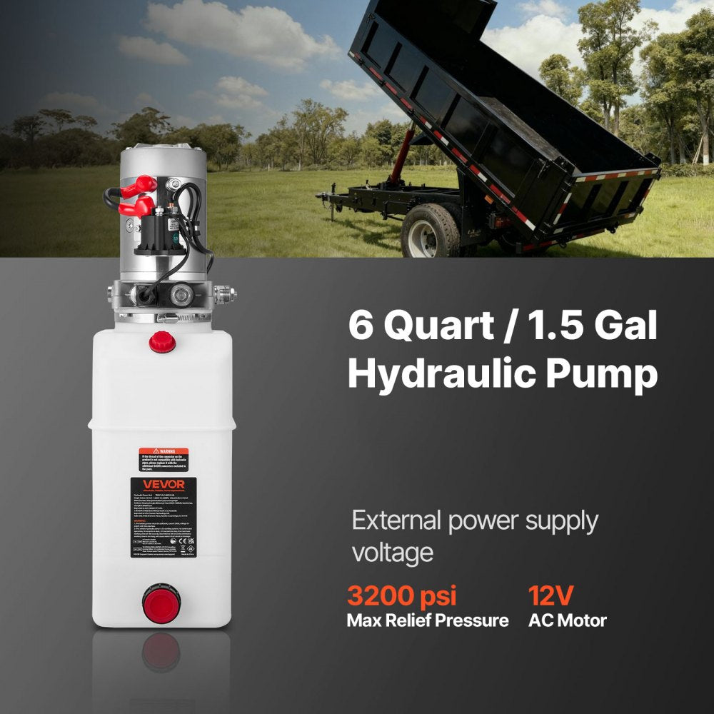 VEVOR 6 Quart Hydraulic Power Unit, Single Acting Dump Trailer Pump, 3200 PSI Max Relief Pressure & 0.91 GPM Flow Rate, DC 12V Hydraulic Pump with Metal Reservoir for Dump Trailer Car Lifting, White
