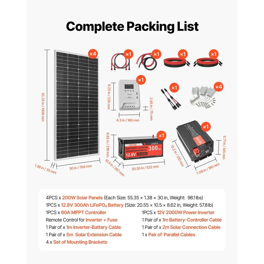 VEVOR 800W 12V Complete Solar Power Kit, 4*200W Monocrystalline Solar Panels + 12.8V 300Ah LiFePO₄ Battery + 60A MPPT Charge Controller + 2000W Power Inverter for Home, Small Farm, Cabin, Off-Grid