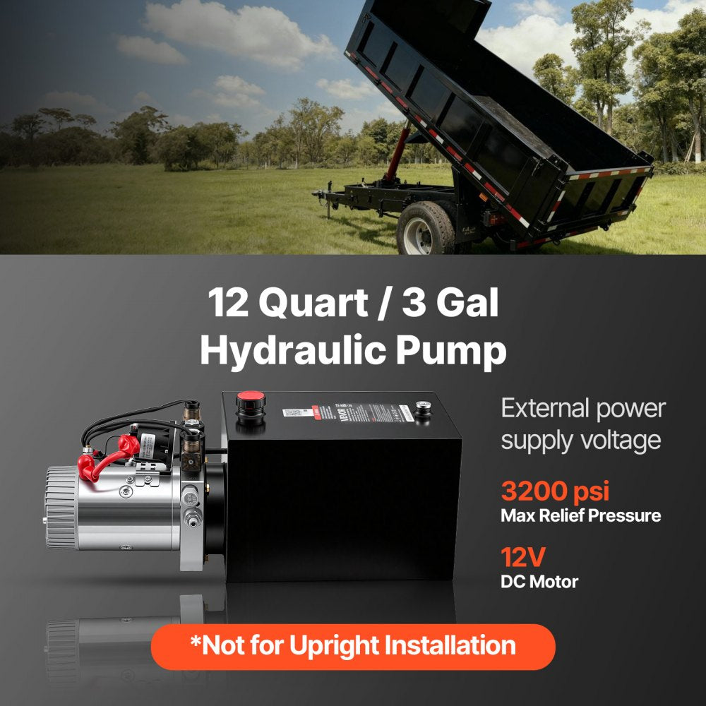 VEVOR 12 Quart Hydraulic Pump, Double Acting Dump Trailer Pump, 3200PSI Max Relief Pressure, 0.91 GPM Flow Rate, DC12V 1.6KW Hydraulic Power Unit for Dump Trailer Car Lifting (Horizontal Installation)