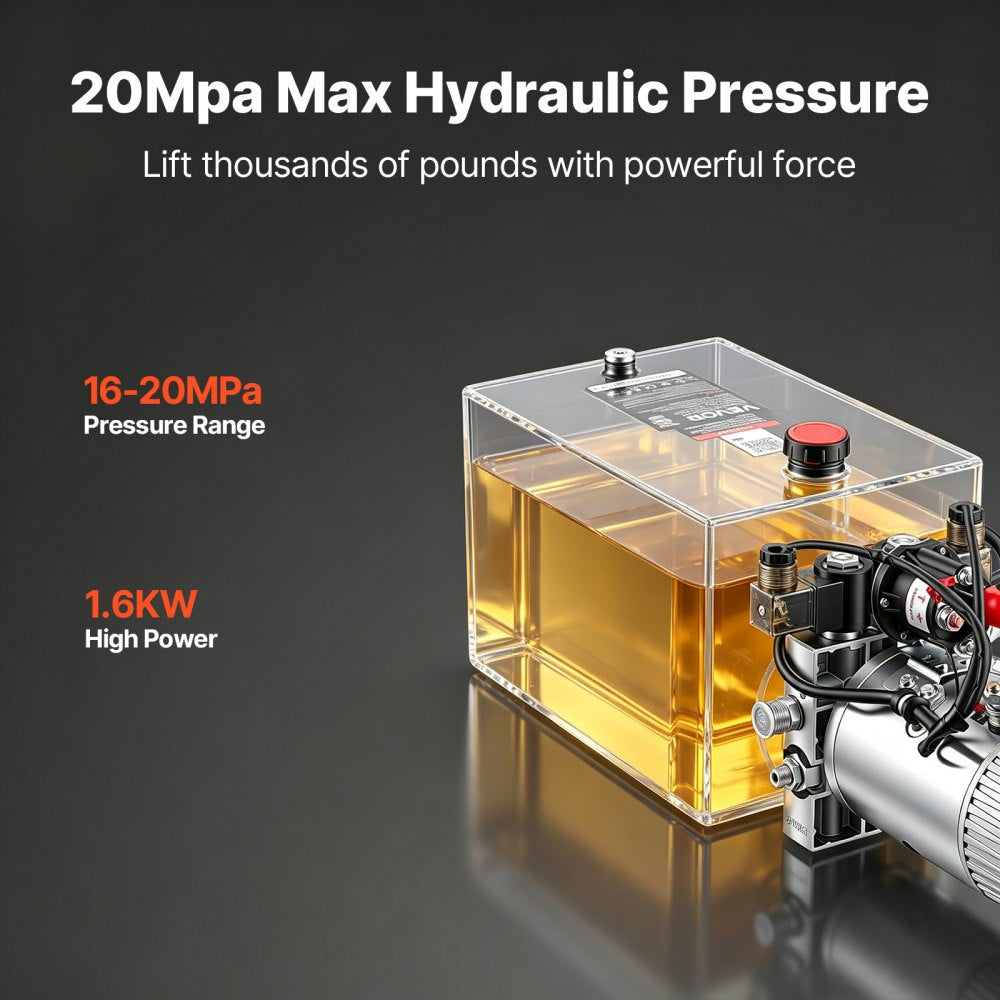 VEVOR 12 Quart Hydraulic Pump, Double Acting Dump Trailer Pump, 3200PSI Max Relief Pressure, 0.91 GPM Flow Rate, DC12V 1.6KW Hydraulic Power Unit for Dump Trailer Car Lifting (Horizontal Installation)