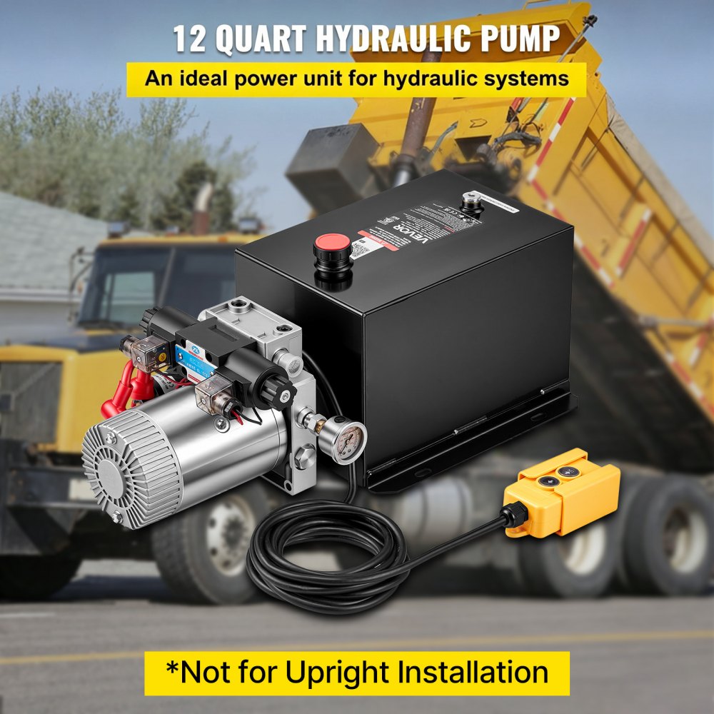 VEVOR 12 Quart Hydraulic Pump, DC12V 1.6KW Double Acting Dump Trailer Pump, 3200 PSI Max Relief Pressure, 0.91 GPM Flow Rate, with Pressure Gauge for Dump Trailer Car Lifting (Horizontal Installation)