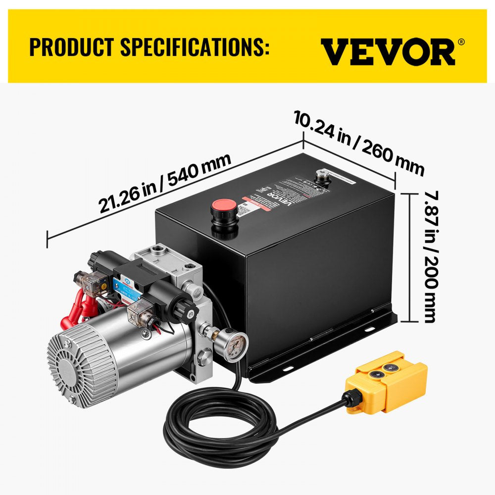 VEVOR 12 Quart Hydraulic Pump, DC12V 1.6KW Double Acting Dump Trailer Pump, 3200 PSI Max Relief Pressure, 0.91 GPM Flow Rate, with Pressure Gauge for Dump Trailer Car Lifting (Horizontal Installation)