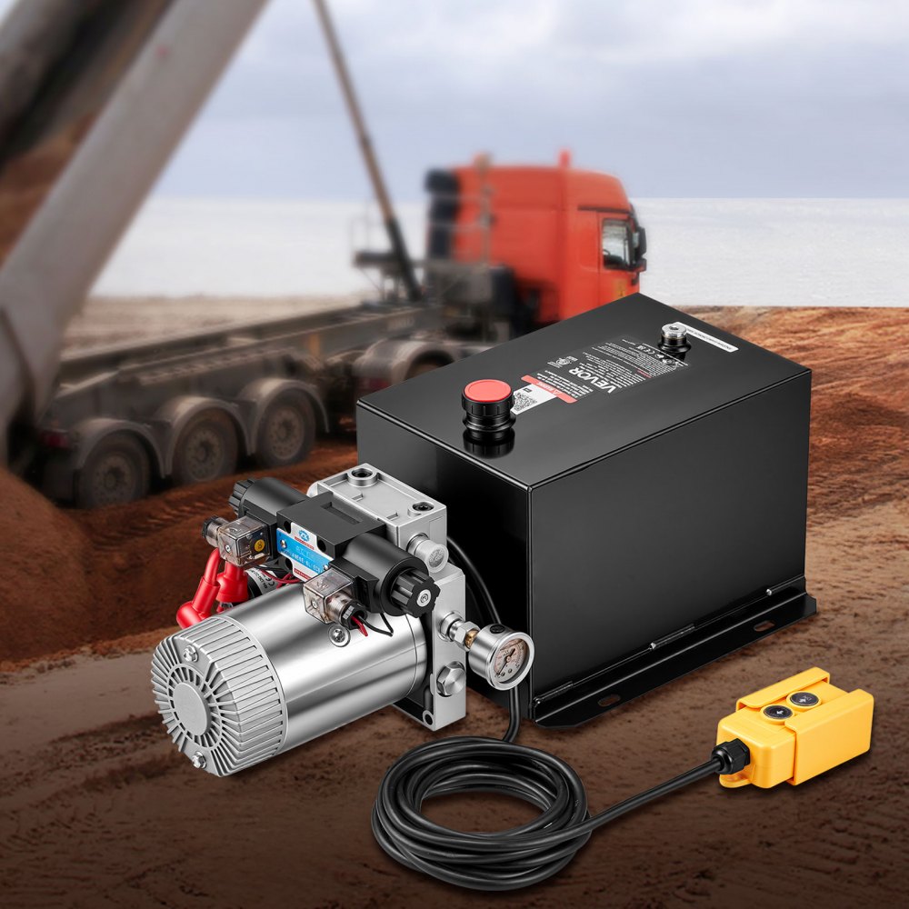 VEVOR 12 Quart Hydraulic Pump, DC12V 1.6KW Double Acting Dump Trailer Pump, 3200 PSI Max Relief Pressure, 0.91 GPM Flow Rate, with Pressure Gauge for Dump Trailer Car Lifting (Horizontal Installation)