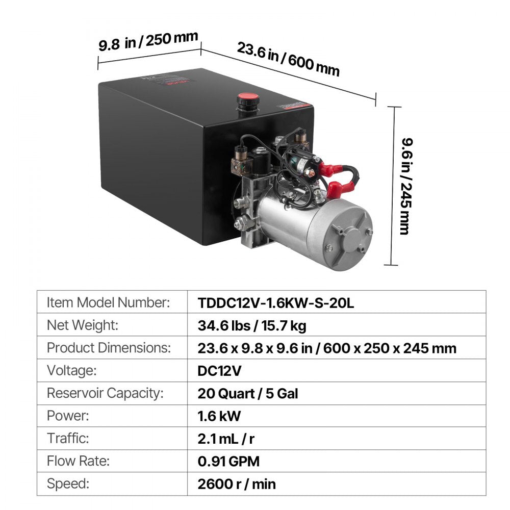 VEVOR 20 Quart Hydraulic Power Unit, Double Acting Dump Trailer Pump, 3200 PSI Max Relief Pressure & 0.91 GPM Flow Rate, DC 12V Hydraulic Pump with Metal Reservoir for Dump Trailer Car Lifting