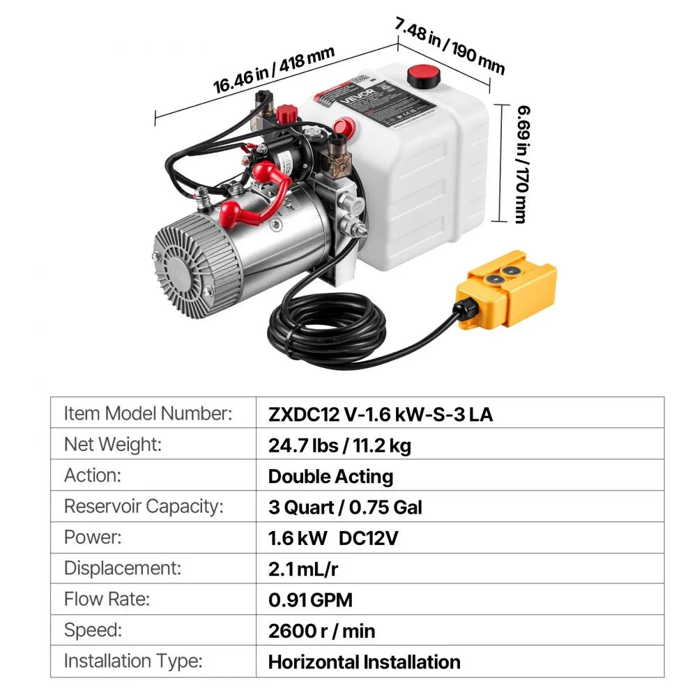 VEVOR 3 Quart Hydraulic Pump, Double Acting Dump Trailer Pump, 3200PSI Max Relief Pressure & 0.91 GPM Flow Rate, DC12V 1.6KW Hydraulic Power Unit for Dump Trailer Car Lifting (Horizontal Installation)