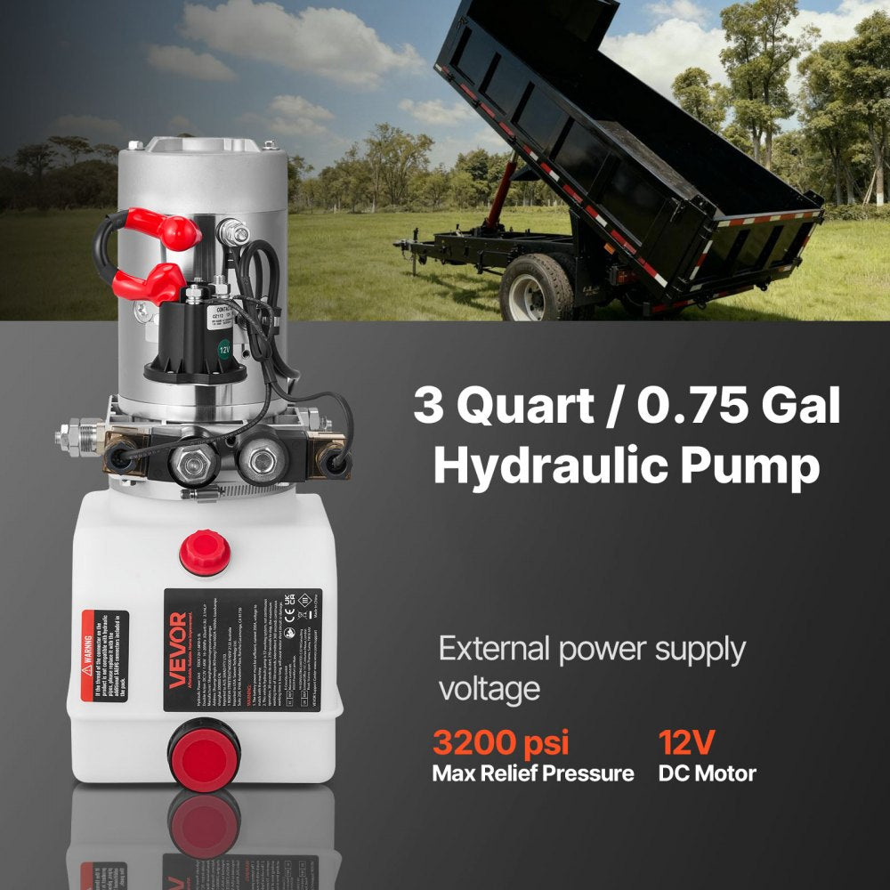 VEVOR 3 Quart Hydraulic Power Unit, Double Acting Dump Trailer Pump, 3200 PSI Max Relief Pressure & 0.91 GPM Flow Rate, DC 12V Hydraulic Pump with Metal Reservoir for Dump Trailer Car Lifting