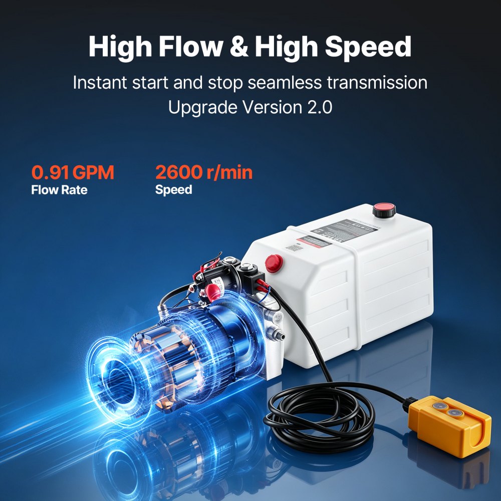 VEVOR 6 Quart Hydraulic Pump, Double Acting Hydraulic Trailer Pump, 3200PSI Max Relief Pressure, 0.91GPM Flow Rate, DC12V 1.6KW Power Unit for Dump Trailer Car Lifting (Horizontal Installation)